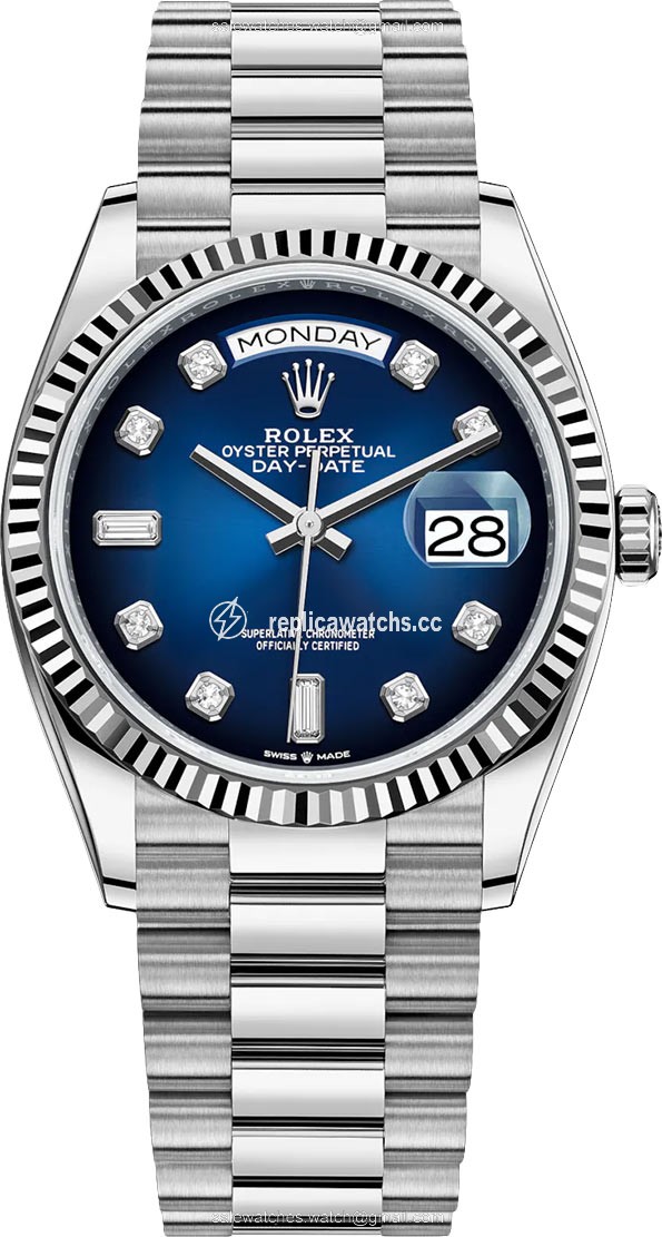 Replica 128239 Blue Graduated Diamond Rolex Day-Date 36mm White Gold Midsize Watch Replica 128239 Blue Graduated Diamond Rolex Day-Date 36mm White Gold Midsize Watch