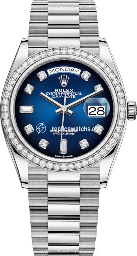 Replica 128349RBR Blue Graduated Diamond Rolex Day-Date 36mm White Gold Midsize Watch Replica 128349RBR Blue Graduated Diamond Rolex Day-Date 36mm White Gold Midsize Watch