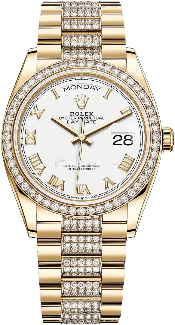 Replica 128348RBR White Roman Index DB Rolex Day-Date 36mm Yellow Gold Midsize Watch Replica 128348RBR White Roman Index DB Rolex Day-Date 36mm Yellow Gold Midsize Watch
