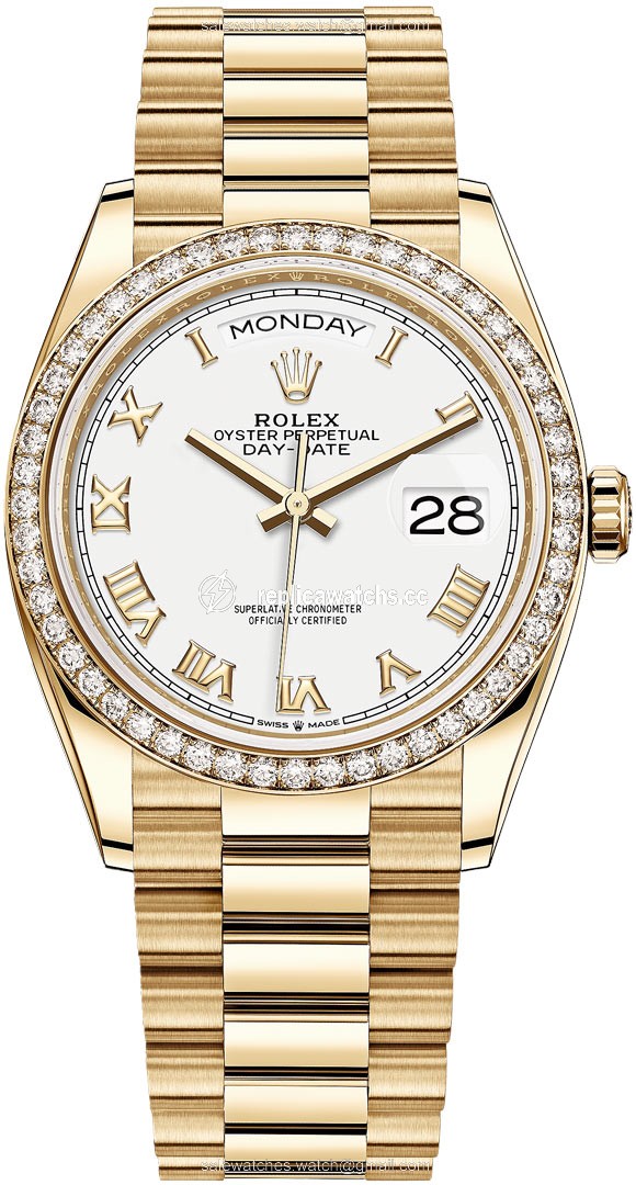 Replica 128348RBR White Roman Index Rolex Day-Date 36mm Yellow Gold Midsize Watch Replica 128348RBR White Roman Index Rolex Day-Date 36mm Yellow Gold Midsize Watch
