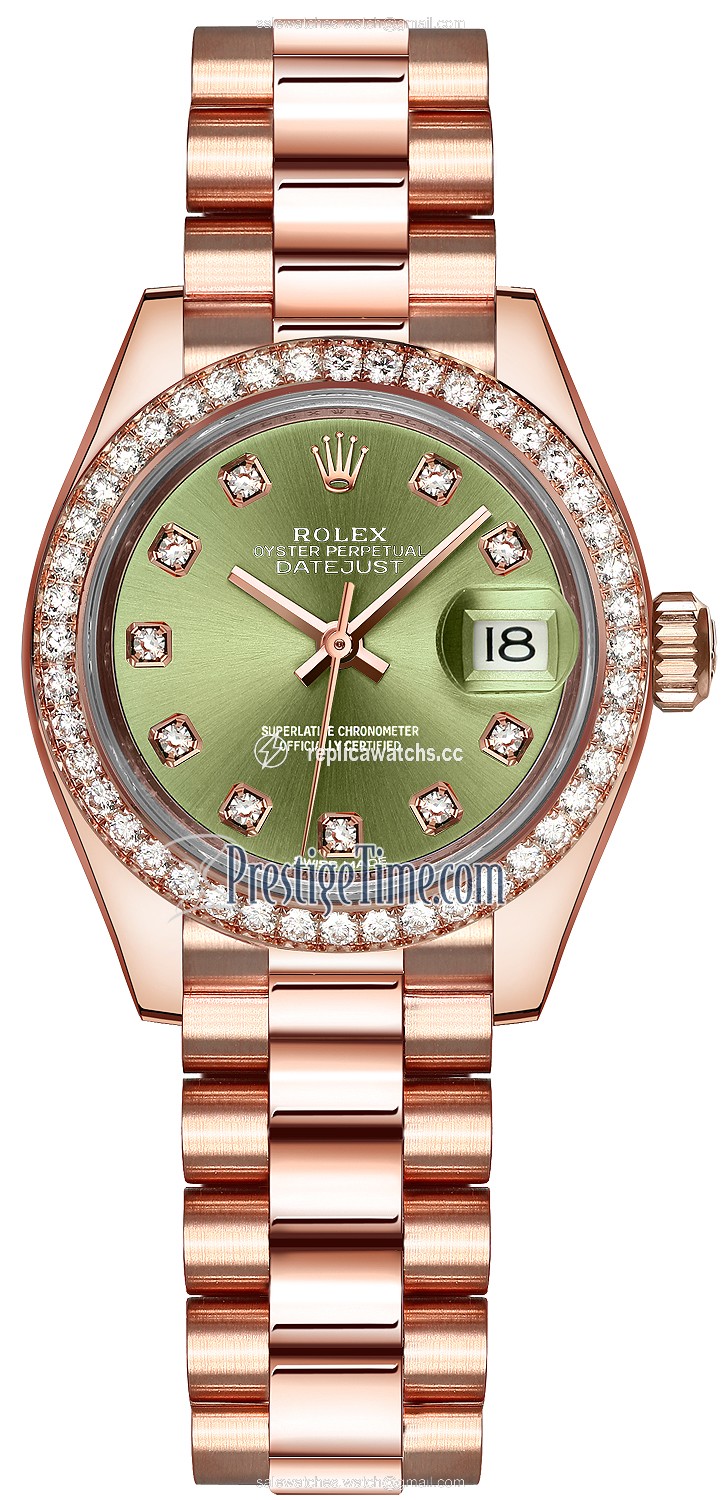 Replica 279135RBR Olive Green Diamond President Rolex Lady Datejust 28mm Everose Gold Ladies Watch Replica 279135RBR Olive Green Diamond President Rolex Lady Datejust 28mm Everose Gold Ladies Watch