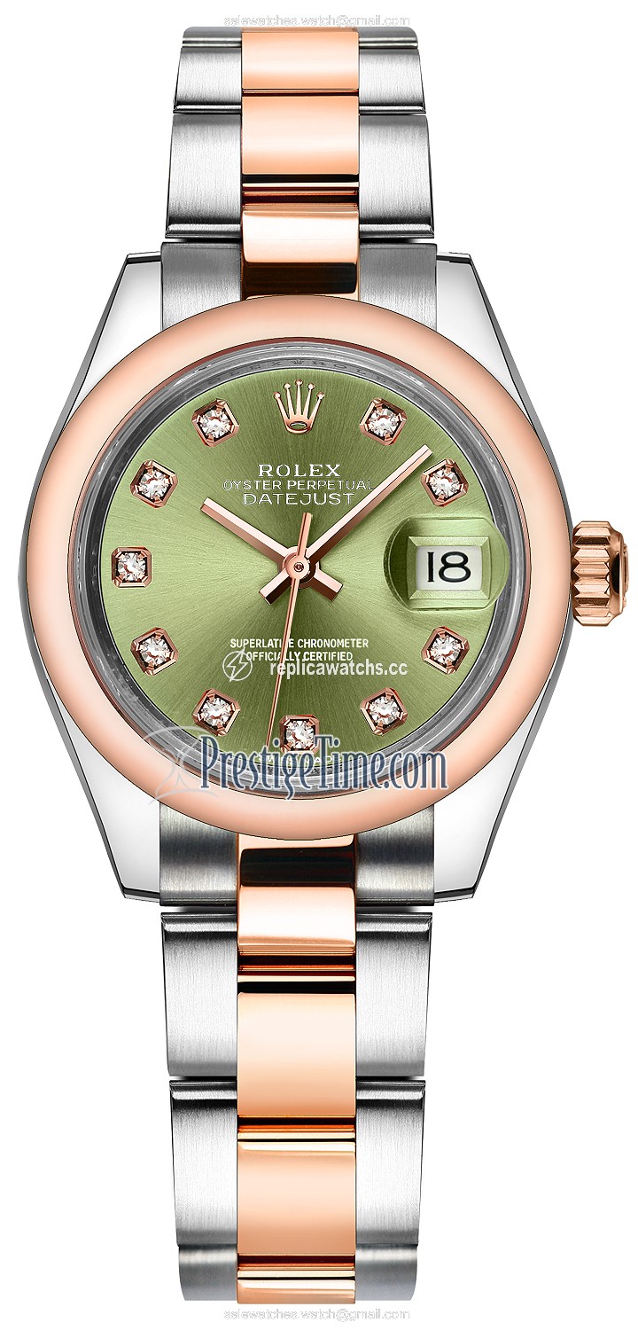Replica 279161 Olive Green Diamond Oyster Rolex Lady Datejust 28mm Stainless Steel and Everose Gold Ladies Watch Replica 279161 Olive Green Diamond Oyster Rolex Lady Datejust 28mm Stainless Steel and Everose Gold Ladies Watch