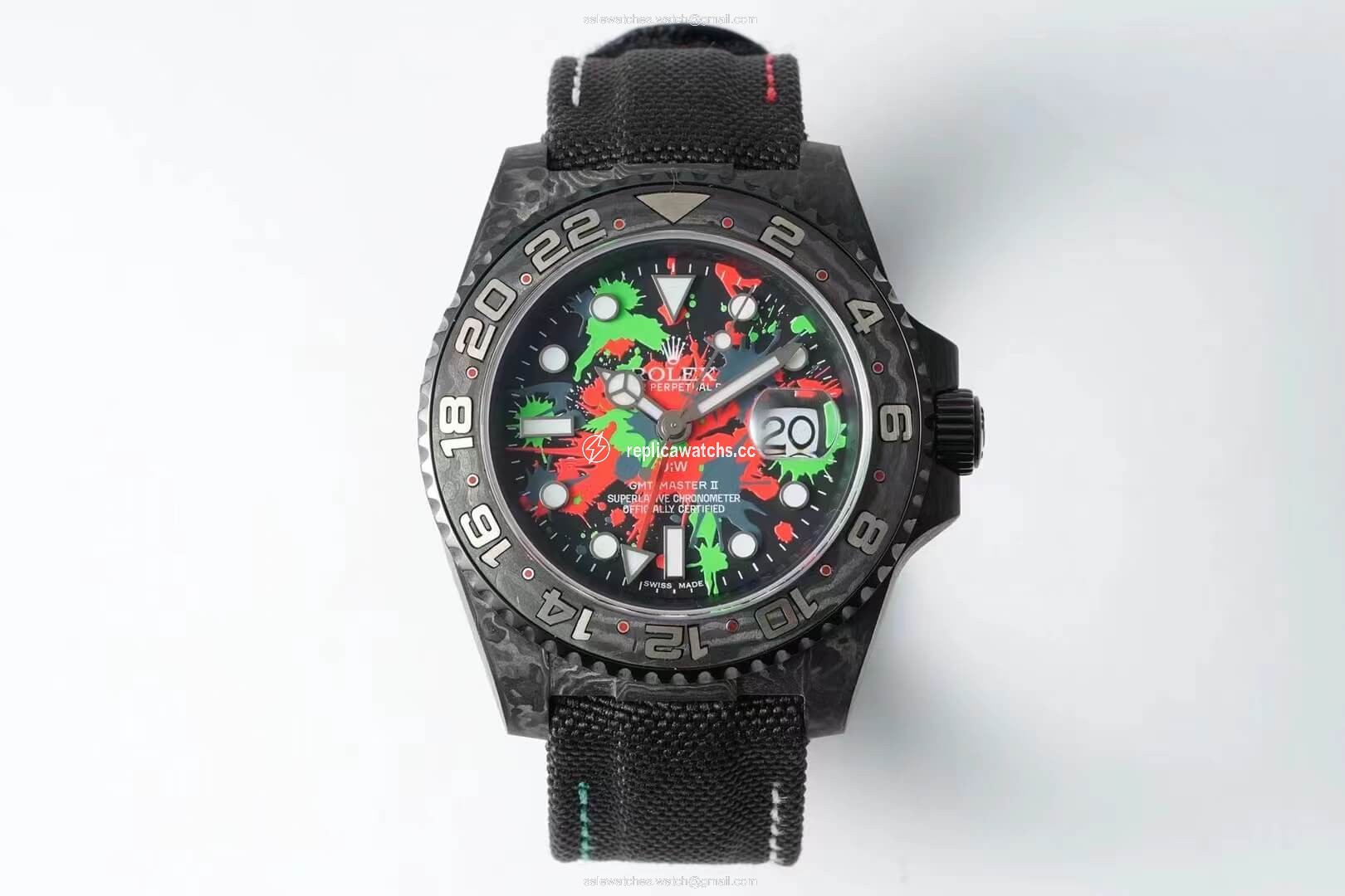 Replica Rolex GMT-MASTER II Diw Carbon Fiber Color Dial Black Fabric Strap Replica Rolex GMT-MASTER II Diw Carbon Fiber Color Dial Black Fabric Strap