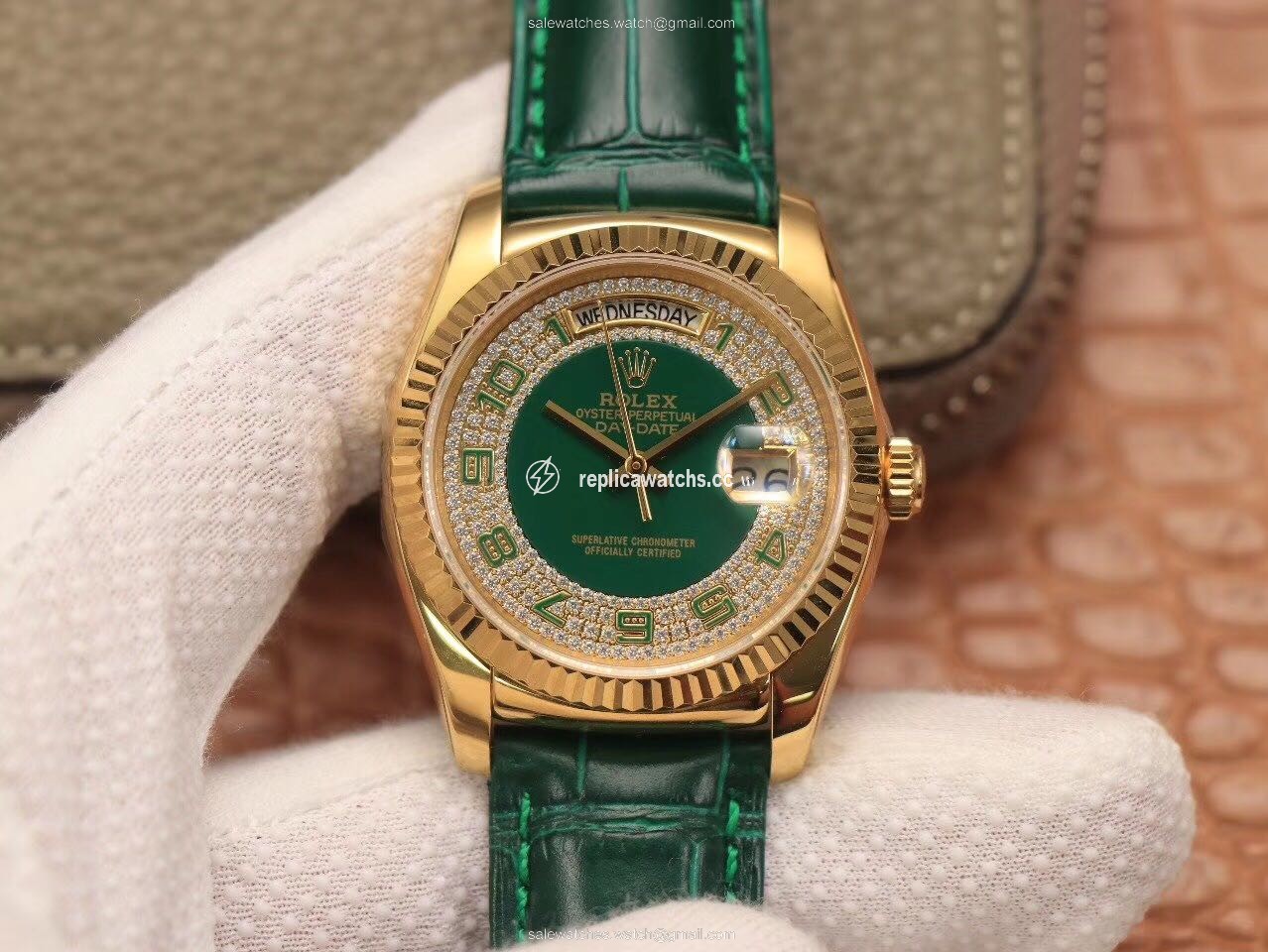 Replica Replica Rolex Day-Date 36mm Green Enamel Diamond Gypsophila Gold dial watch Replica Replica Rolex Day-Date 36mm Green Enamel Diamond Gypsophila Gold dial watch