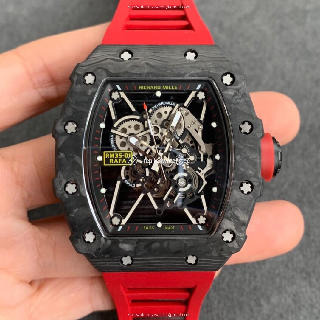 Replica Richard Mille RM35-01 KV Factory Carbon Fiber Red Strap Replica Richard Mille RM35-01 KV Factory Carbon Fiber Red Strap