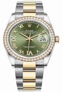 Replica 126283RBR Olive Green VI IX Roman Oyster Rolex Datejust 36mm Stainless Steel and Yellow Gold Ladies Watch
