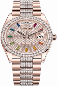 Replica 128345RBR Pave Rainbow DB Rolex Day-Date 36mm Everose Gold Midsize Watch
