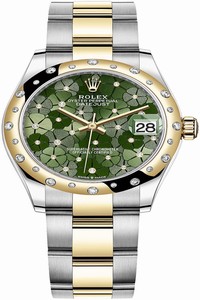 Replica 278343rbr Olive Green Floral Oyster Rolex Datejust 31mm Stainless Steel and Yellow Gold Ladies Watch