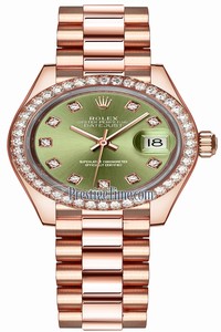 Replica 279135RBR Olive Green Diamond President Rolex Lady Datejust 28mm Everose Gold Ladies Watch