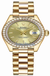 Replica 279138RBR Champagne Index President Rolex Lady Datejust 28mm Yellow Gold Ladies Watch
