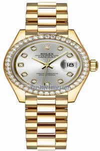 Replica 279138RBR Silver Diamond President Rolex Lady Datejust 28mm Yellow Gold Ladies Watch