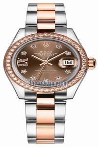 Replica 279381RBR Chocolate 17 Diamond Oyster Rolex Lady Datejust 28mm Stainless Steel and Everose Gold Ladies Watch