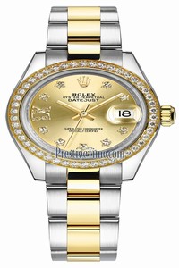 Replica 279383RBR Champagne 17 Diamond Oyster Rolex Lady Datejust 28mm Stainless Steel and Yellow Gold Ladies Watch