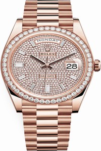 Replica 228345RBR Pave Baguette Rolex Day-Date 40mm Everose Gold Mens Watch