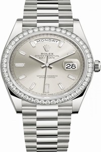 Replica 228349RBR Silver Baguette Rolex Day-Date 40mm White Gold Mens Watch
