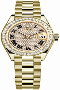 Replica 279138RBR Pave Black Roman President Rolex Lady Datejust 28mm Yellow Gold Ladies Watch