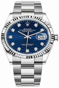 Replica 126234 Bright Blue Fluted Diamond Oyster Rolex Datejust 36mm Stainless Steel Midsize Watch