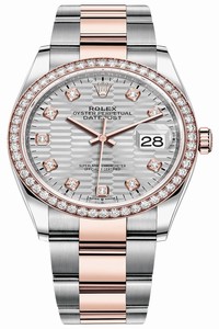 Replica 126281rbr Silver Fluted Diamond Oyster Rolex Datejust 36mm Stainless Steel and Rose Gold Ladies Watch